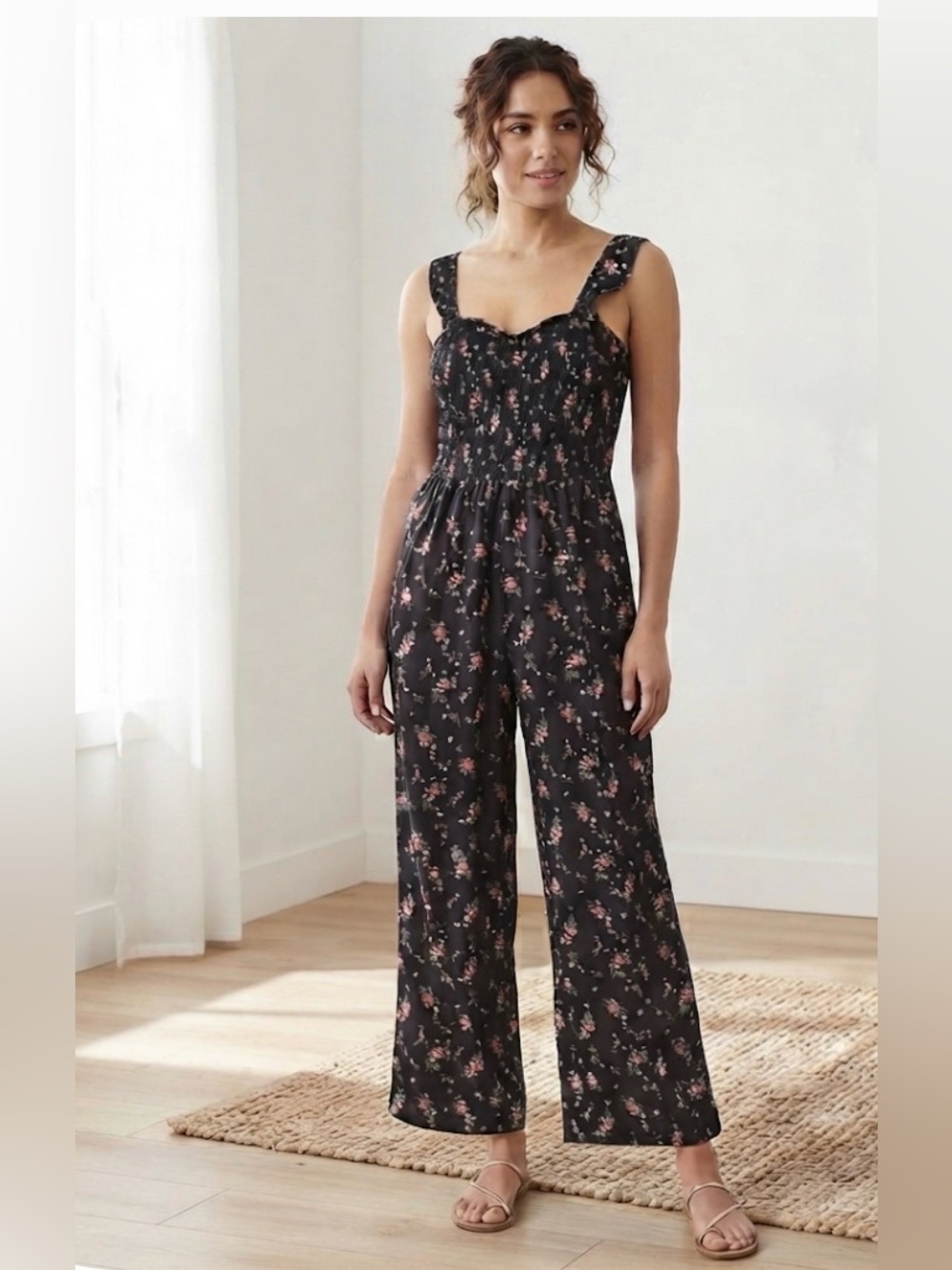 Three Girls Clothing Floral Black Jumpsuit with Ruffle Straps